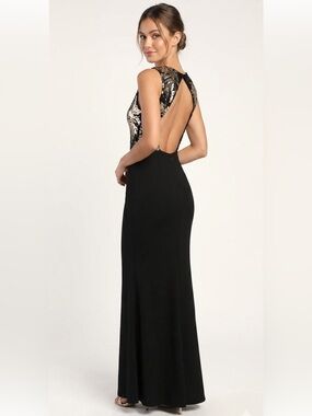 Lulus Gilded Glory Gold & Black Sequin Open Back Maxi Dress Size Large
